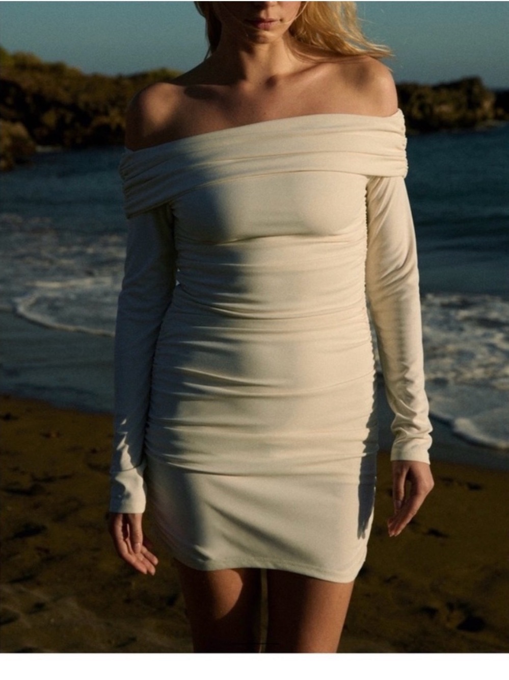 Zara Off-Shoulder Cream Bodycon Mini Dress